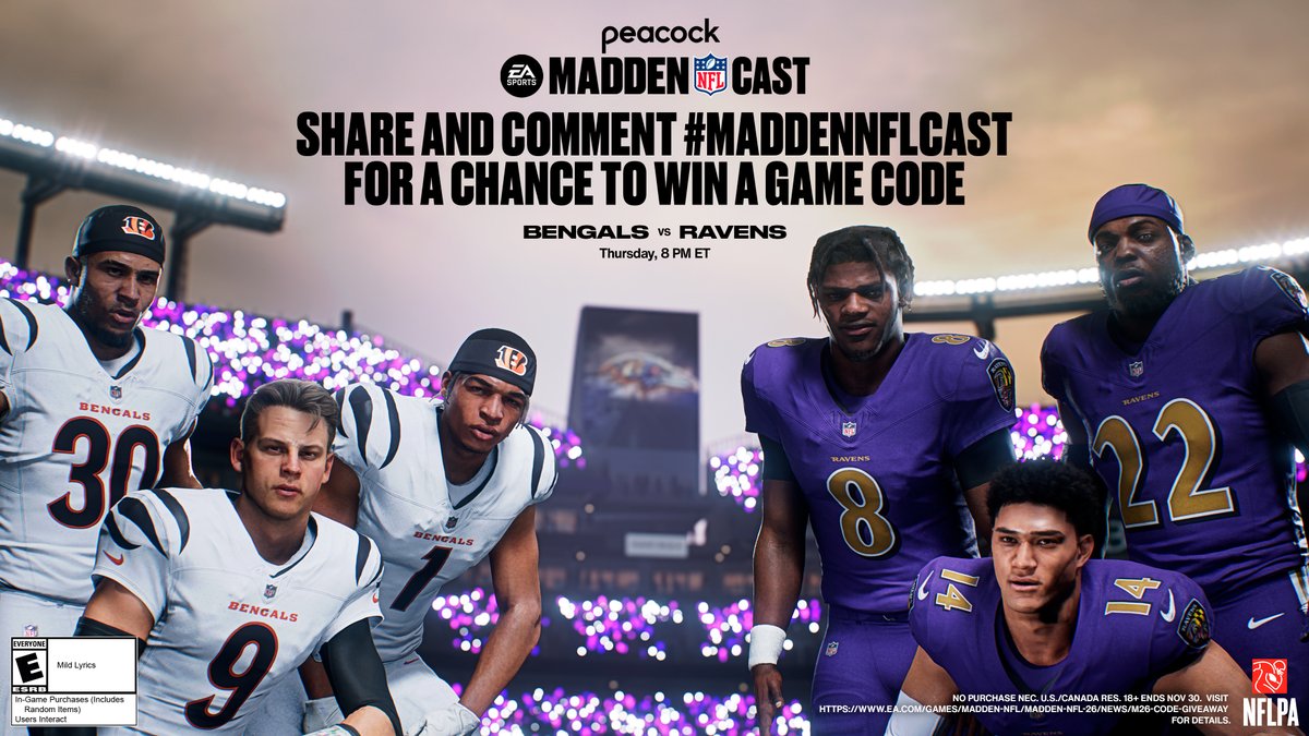 EAMaddenNFL's tweet image. It's almost gametime! For a chance to enter and win a copy of Madden NFL 26

✅ Comment #MaddenNFLCast + #Madden26Sweepstakes
✅ Repost
 
NO PURCHASE NEC. U.S. 18+ Ends November 30. Visit x.ea.com/85292 for more details.