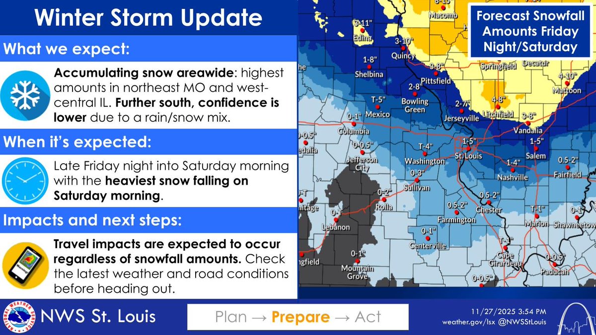 A Winter Storm Watch is in effect mainly north of I-70, but everywhere is expected to see accumulating snow. Though the storm is expected to last late Friday night into Saturday night, the heaviest snow is expected Saturday morning. Travel impacts are expected.