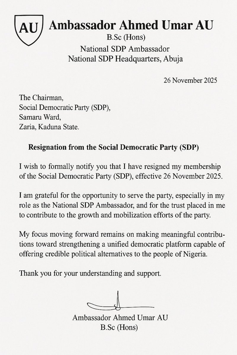 Ahmedumar___'s tweet image. Today, I formally resigned from the SDP after serving as National Ambassador.
I appreciate the trust and opportunity to contribute to the party. Moving forward, I’m committed to supporting a stronger, united democratic alternative. With my leader @elrufai always. 🟢🇳🇬