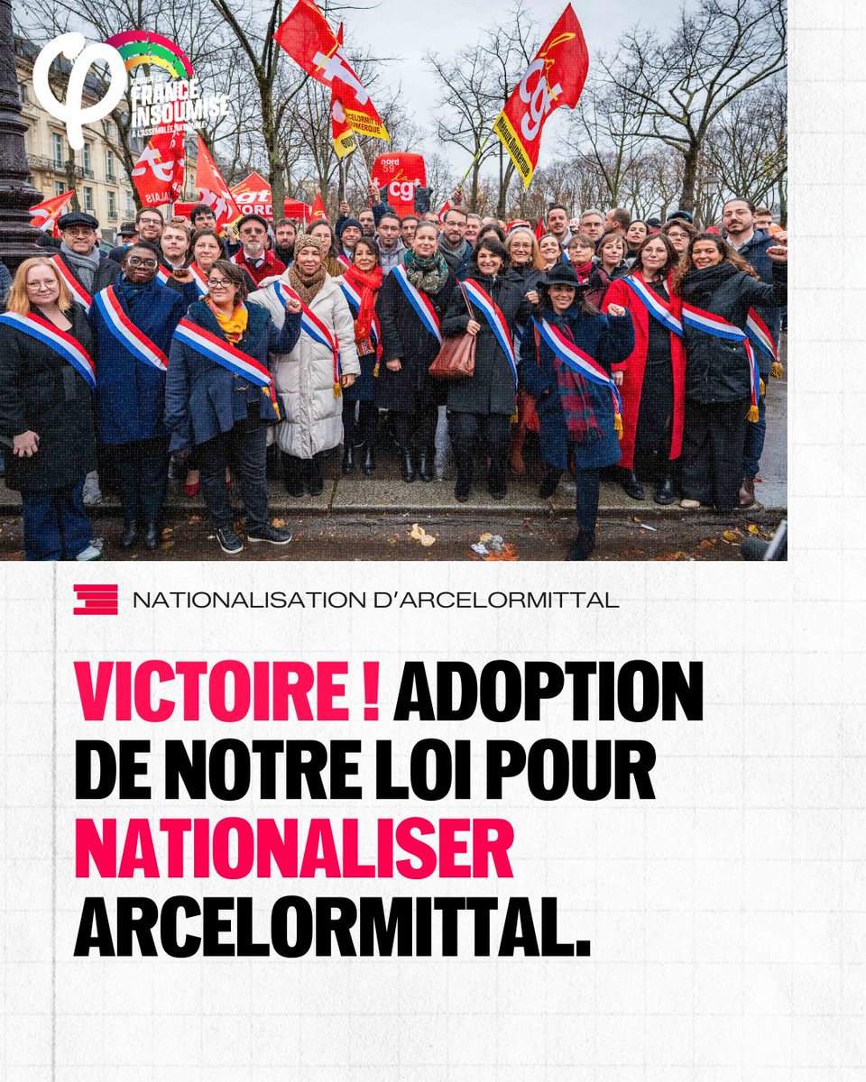 🔴⚡️Notre proposition de loi pour nationaliser ArcelorMittal est adoptée !

C'est une victoire pour les salarié·es, pour la souveraineté industrielle de la France, et pour la bifurcation écologique ! 🔥 

#ChangerLavie