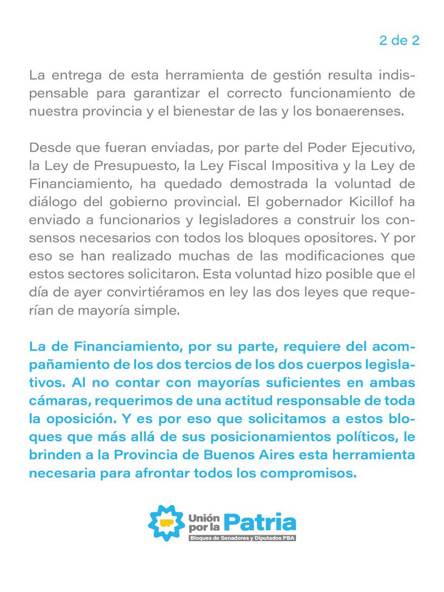 Los bloques de senadores y diputados de Unión por la Patria le pedimos a la oposición responsabilidad histórica para acompañar la Ley de Financiamiento de la Provincia de Buenos Aires.