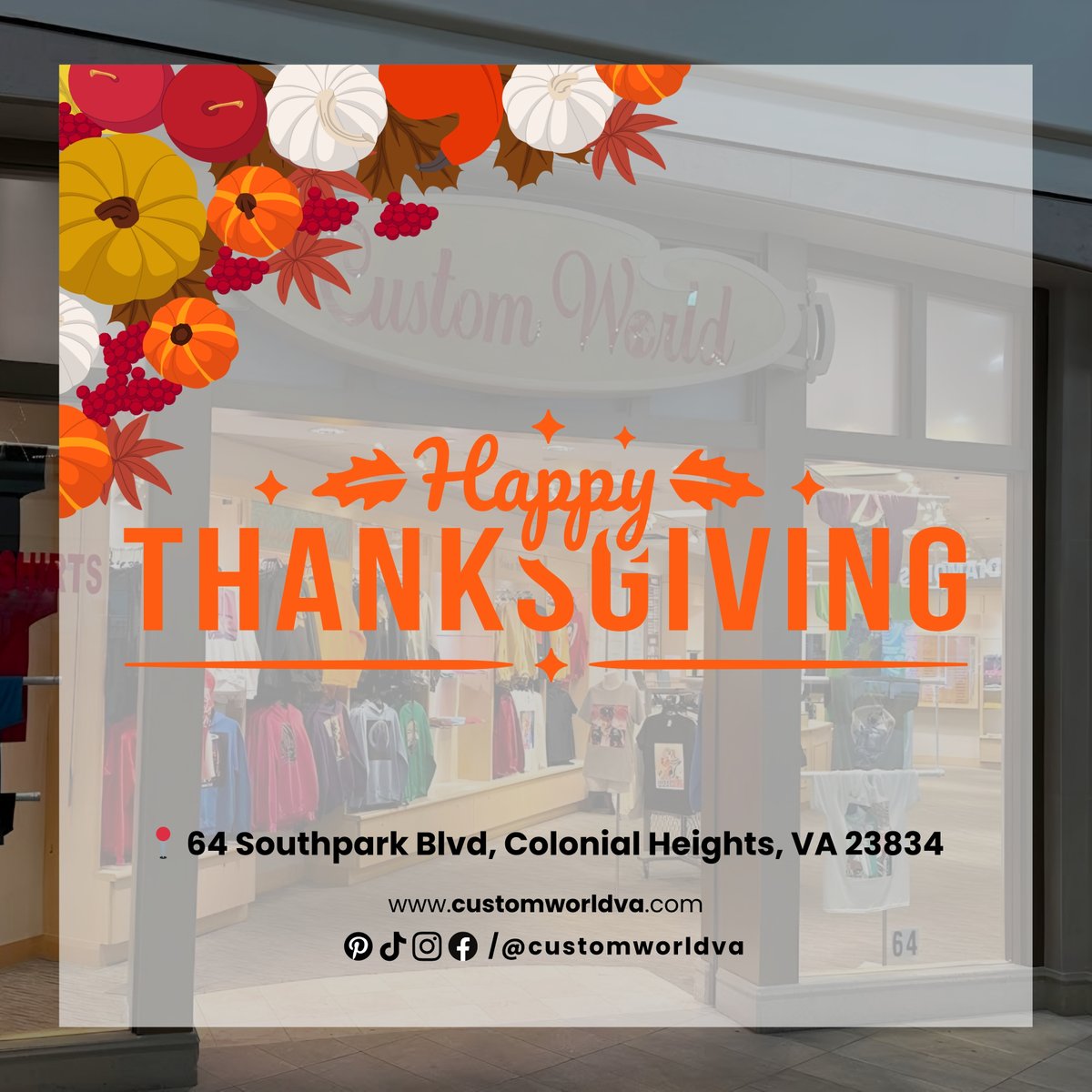 customworldva's tweet photo. Happy Thanksgiving! 🦃🧡
Thankful for your support every step of the way.
Custom gifts • Same-day printing • Personalized apparel

📍 Colonial Heights, VA
🌐 https://t.co/sYoFxL0WW7
#Thanksgiving #CustomWorldVA #TShirtPrinting
#DTFPrinting https://t.co/QgDuUKkudp
