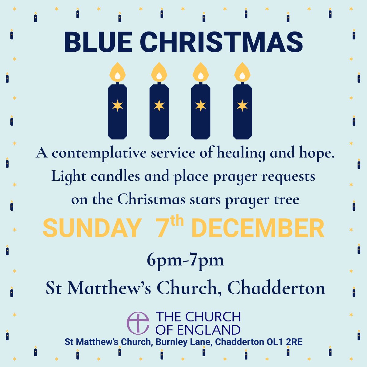 Our Blue Christmas service, taking place tomorrow at 6pm , is for those who find Christmas a challenging time of year for whatever reason, offering time for quiet reflection, contemplation and prayer.

All are warmly welcome.