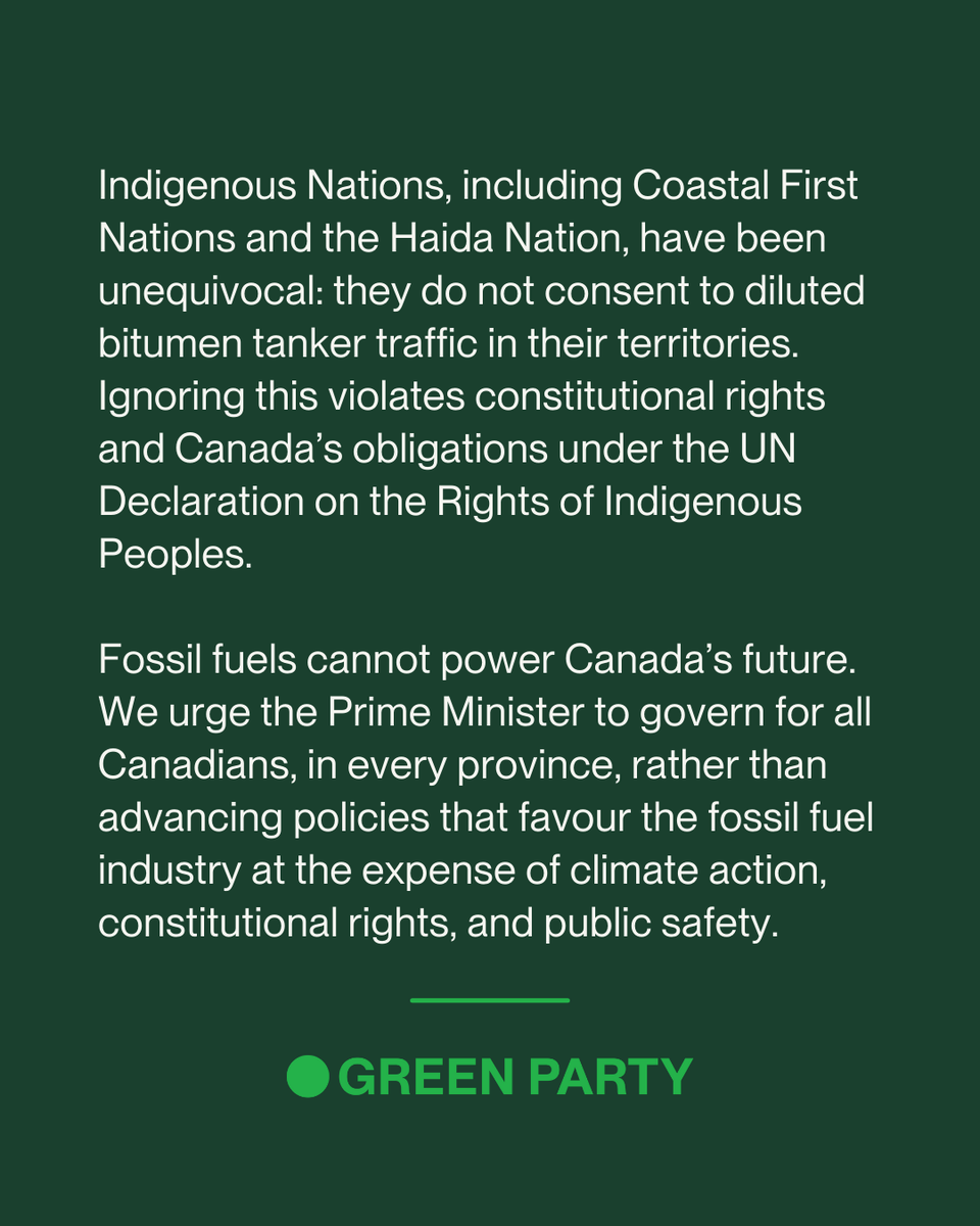 CanadianGreens's tweet photo. The federal government’s new deal with Alberta guts key federal climate protections and ignores Indigenous rights. Climate action and Indigenous rights are non-negotiable. This deal betrays both. https://t.co/iL3EvcyxdT