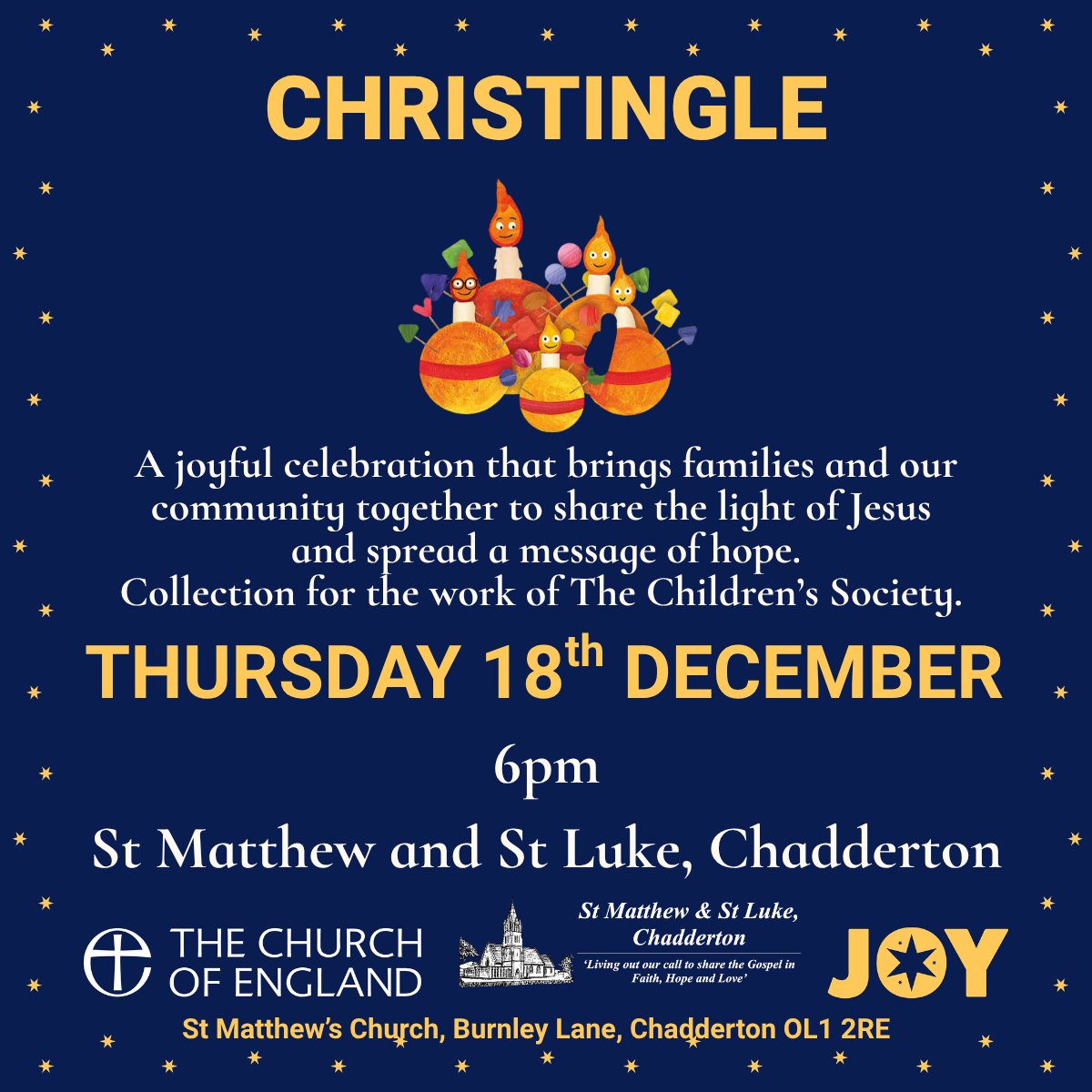 The Christingle is a beacon of light representing Jesus the Light of the World, radiating with hope and good news! Come and share in the #JOY as we support the work of The @ChildrenSociety  on the 17th December at 6pm ❤️

#TheJoyOfChristmas #ChristmasAtStMatts