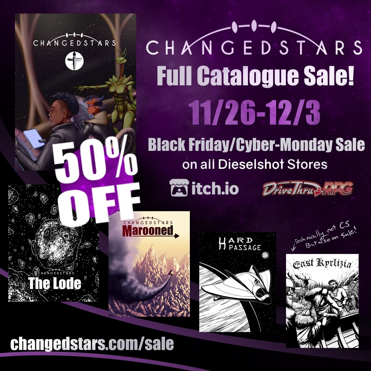 Sale on through wednesday; get ChangedStars, the whole catalogue, and our Shadowdark book East Kyrlizia 50% off!  DTRPG &amp; itch!