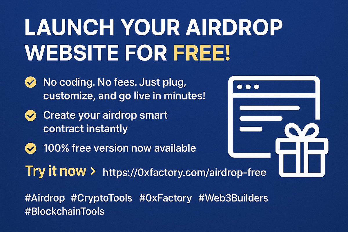 MohamedCryptoX's tweet image. 🚀 Launch Your Airdrop Website for FREE!
No coding. No fees. Just plug, customize, and go live in minutes!

Try it now 👉 0xfactory.com/airdrop-free

#Airdrop #CryptoTools #0xFactory #Web3Builders #BlockchainTools #ZXFToken