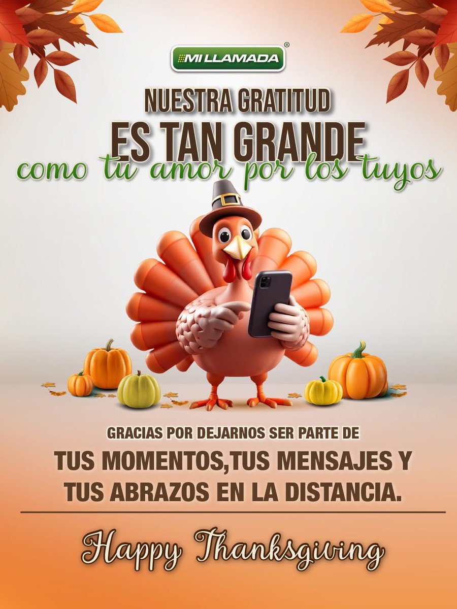 ¡Feliz Día de #AcciónDeGracias! 🦃

Agradecemos tu fidelidad y confianza que nos permite ser el puente de conexión.

Hoy, la mejor forma de dar gracias es estando conectados. Recarga a tu familia en usamillamada.com

#Thanksgiving2025 #Gratitud #HispanoEnUSA #Thankful