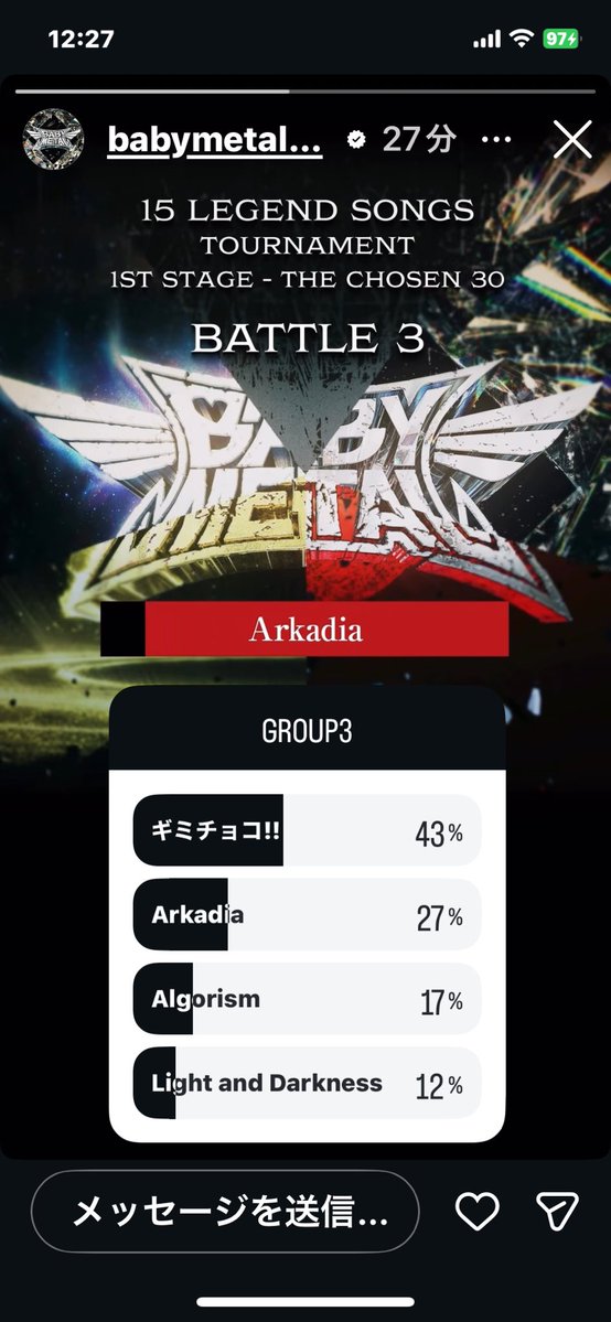 zak01metal's tweet image. トーナメントBATTLE 3開始❗️無意識にArkadiaにポチッとメタルしたが、よーく見たらアルゴリズムが入っとるやんけ😱
White Flameとアルゴリズムは別でセトリトーナメントにして欲しかった😭😭
#BABYMETAL