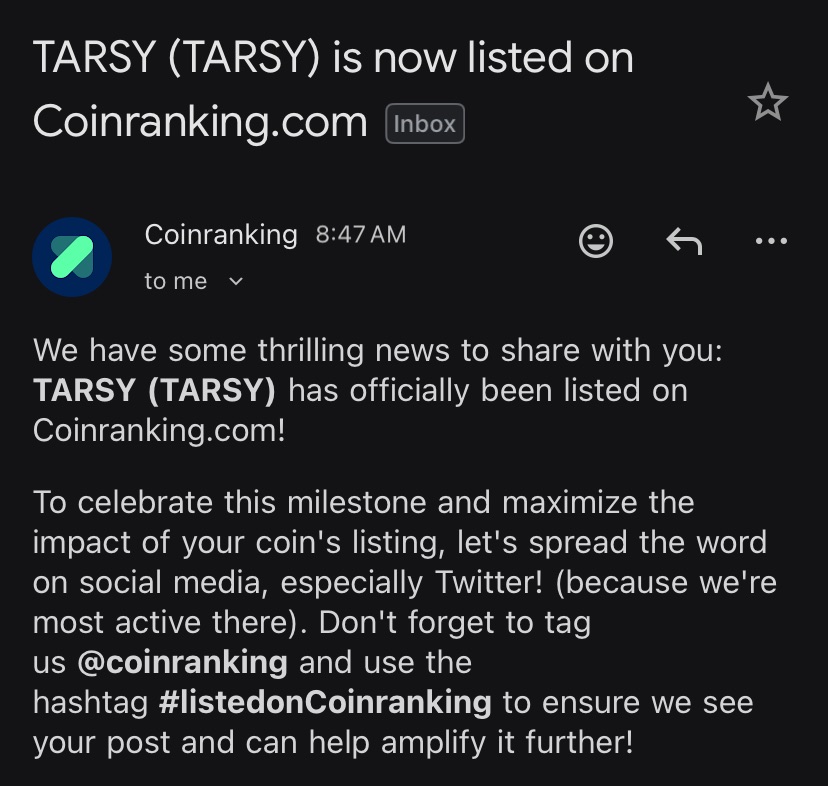 tarsydotfun's tweet image. We are now live at @coinranking 

Discord open later.

Stay tuned!

#TARSY #COINRANKING