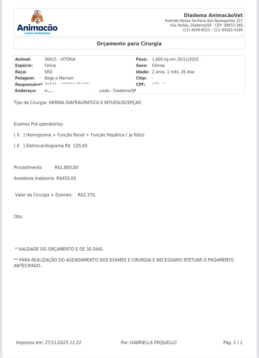 AbrigoMeimei's tweet image. 🚨 PRECISAMOS DE AJUDA URGENTE🚨

Amigos, a gatinha Vitória está em uma situação muito grave: ela tem uma hérnia no diafragma e intussuscepção (quando uma parte do intestino entra dentro da outra).

Ela precisa de uma cirurgia urgente. O valor total da cirurgia é de R$ 2.370,00,…