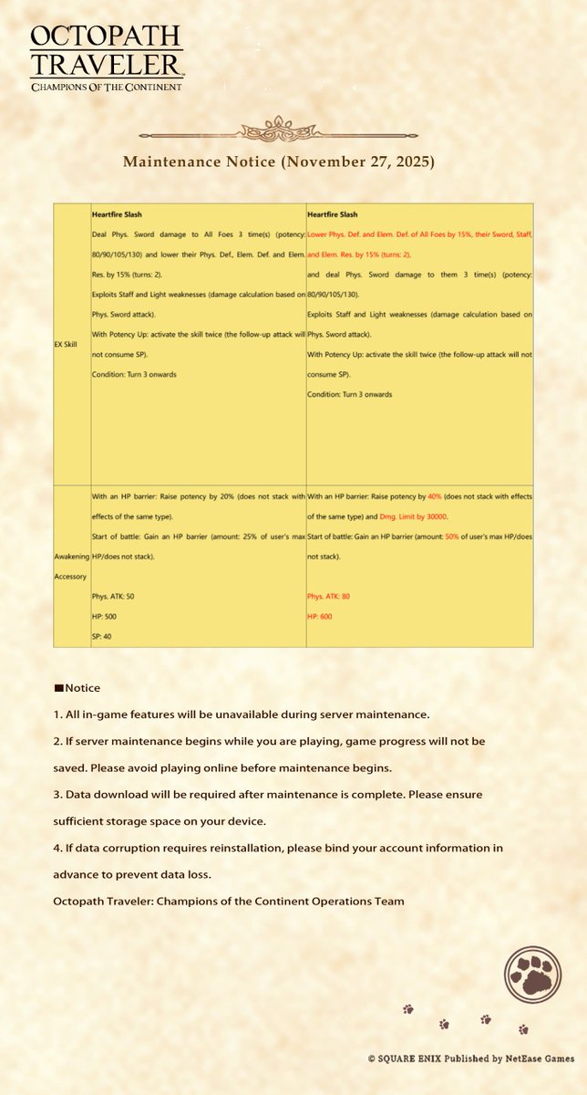 octopath_cotc's tweet image. Greetings Travelers，
Here is the maintenance announcement for November 27, 2025.
Happy Travels everyone!📷
🐈‍————————————📷
Free Download Now: octopathsea.onelink.me/eYmu/DC
Top up: pay.neteasegames.com/CotCsea/topup?…
Discord: discord.gg/zpNq5xAvUY