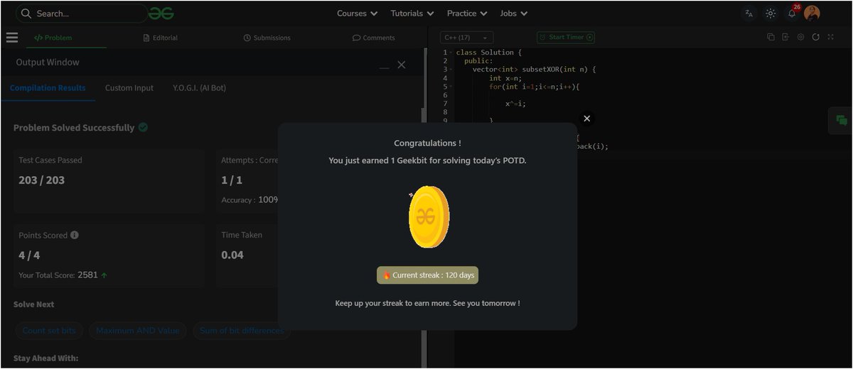 SupriyaSin17706's tweet image. 120-day streak on GFG POTD!

#GeeksForGeeks #POTD #CodingJourney #C++ #DSA