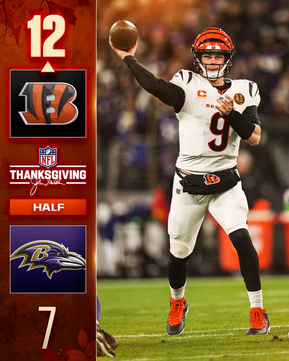 HALFTIME: Bengals up five.
CINvsBAL on NBC
Stream on @NFLPlus + Peacock