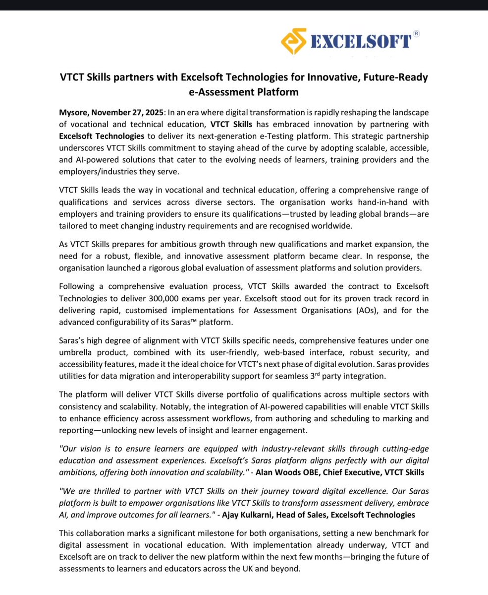 nid_rockz's tweet image. Excelsoft Technologies 
#ExcelSoft

VTCT Skills partners with Excelsoft for future ready e-Assessment platform 

VTCT Skills awarded contract to Excelsoft to deliver 3,00,000 exams per year 

To deliver new platform within the next few months