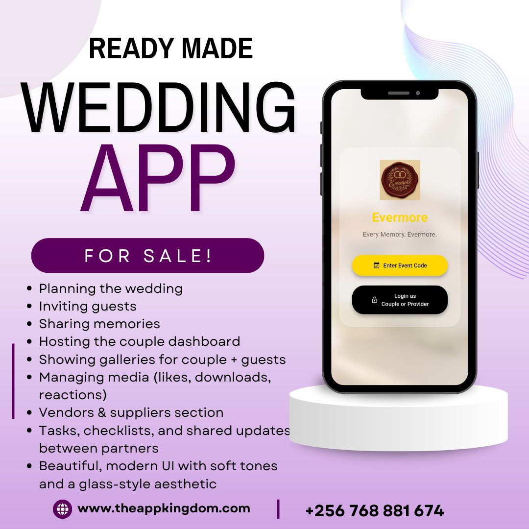 P_Isiko's tweet image. Are you a wedding planner? Events organizer? Here is your chance to grab and start using right now a ready developed Mobile app for sale. Get in touch today!
+256 768 881 674
#mobileappdeveloper 
#mobileappforsale
#weddingplanner
#AppForSale2025
#WeddingInspo
#EventTech
