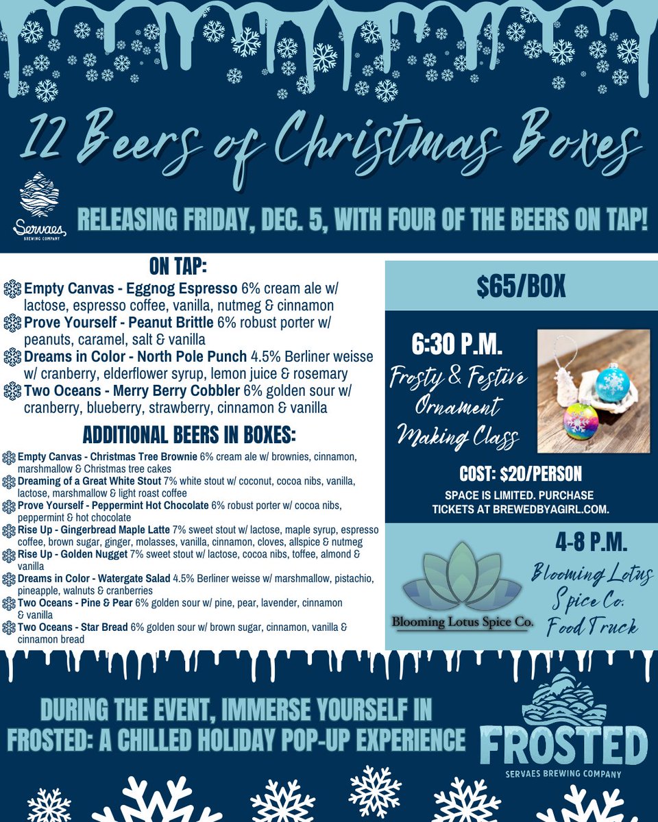 ServaesBrewCo's tweet image. 🎄🍻12 Beers of Christmas Boxes drop Friday, Dec. 5!🍻🎄 Our favorite holiday tradition is back &amp;amp; this year it arrives right in the heart of FROSTED: A Chilled Holiday Pop-Up Experience!❄️✨ We’re releasing our 12 Beers of Christmas Boxes Friday, Dec. 5, w/ 4 of the beers on tap!
