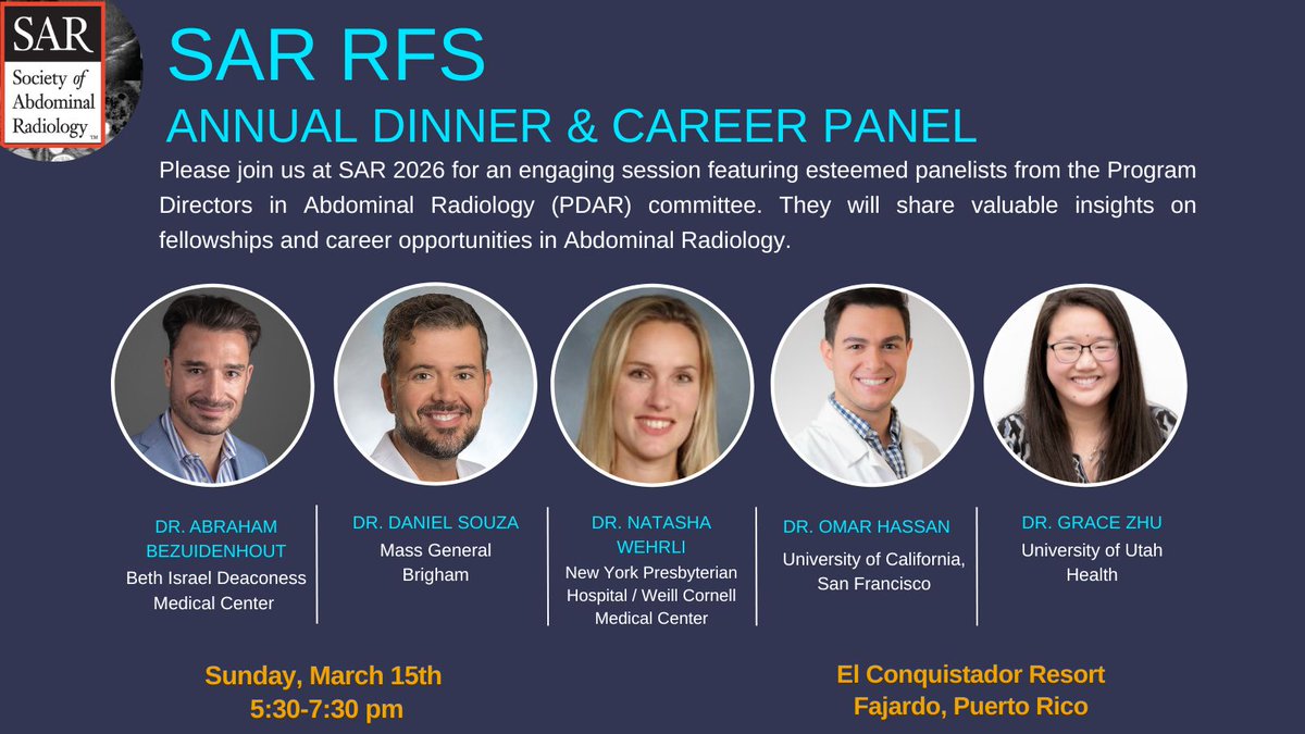 SAR_RFS's tweet photo. #RadRes Are you attending #SAR2026?
Be sure to join us for the SAR RFS Annual Dinner and Career Panel featuring program directors in Abdominal Radiology!
Register here: https://t.co/75vJdelFMm https://t.co/qdU7vvUKeb