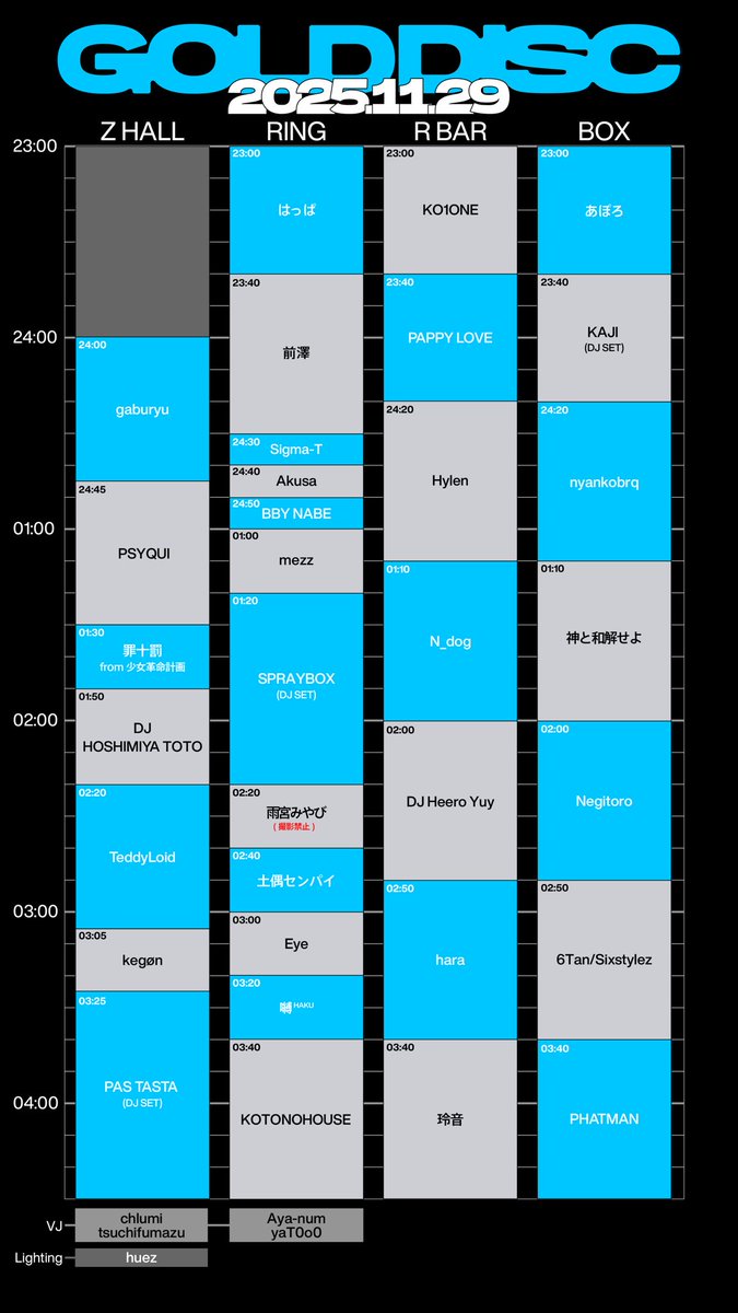 【タイムテーブル変更】

BOXの玲音とR BARのKAJIのタイムテーブルを入れ替えております。

#GOLDDISC
