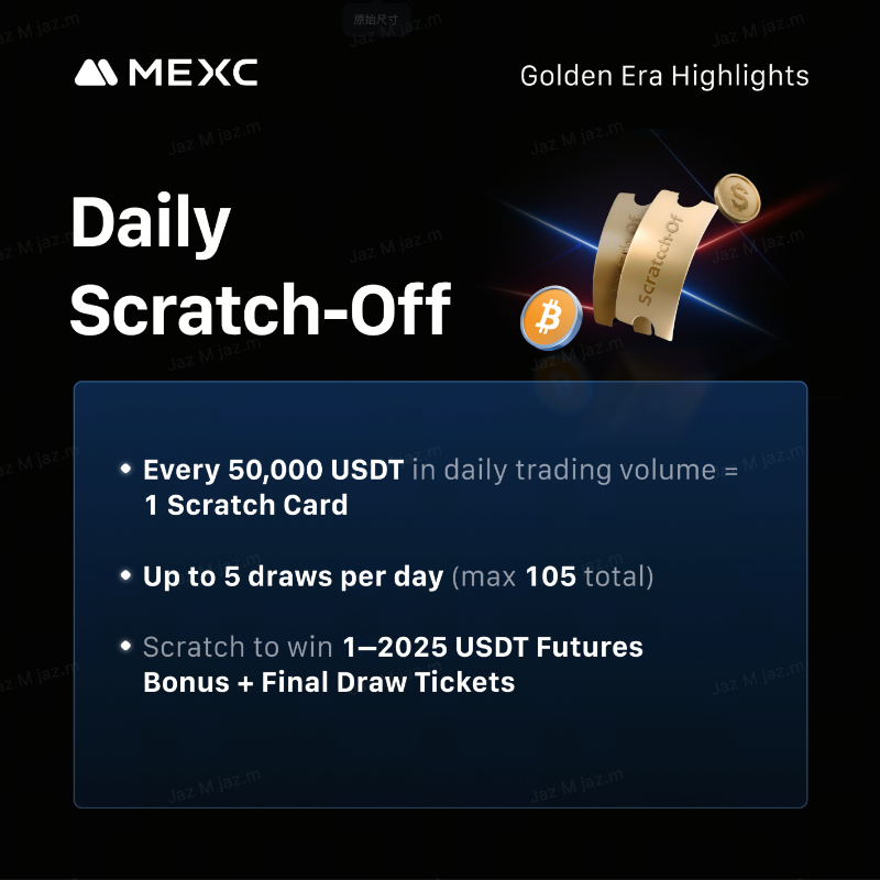 MEXC's tweet photo. MEXC Golden Era Showdown Highlights:

- No barriers
- Gold bar, BTC &amp; $10M rewards
- Daily Scratch-Off (6M)
- Weekly Spin (2.5M)
- Lucky Draw: BTC &amp; 2000g Gold

👇Tap &amp; join now: