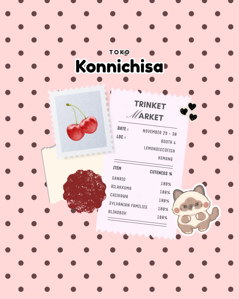 🍡trinket market <a href="/lemondiscofish/">LEMONDISCOFISH</a> mini catalogue 🍥 
(will be updating more on ig!) 

🎀 Toko Konnichisa booth 4 
📍LEMONDISCOFISH, kemang 
🩷 chiikawa, sanrio, san-x, monchhichi, tamagotchi, selected gachapons, and japanese snacks

see you there, loves! 🧸