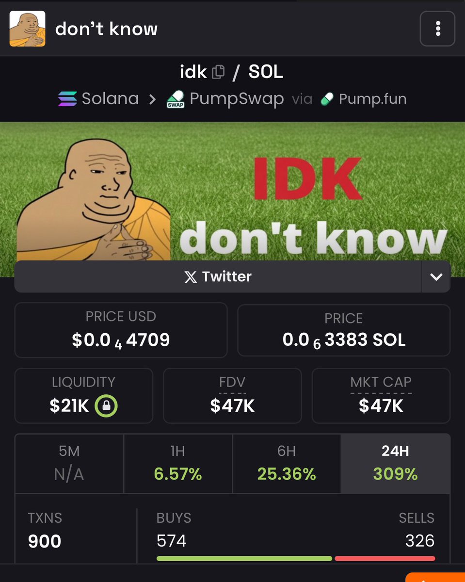 thedontknowcoin's tweet image. DON’T KNOW

$idk

dexscreener.com/solana/9mchu9h…