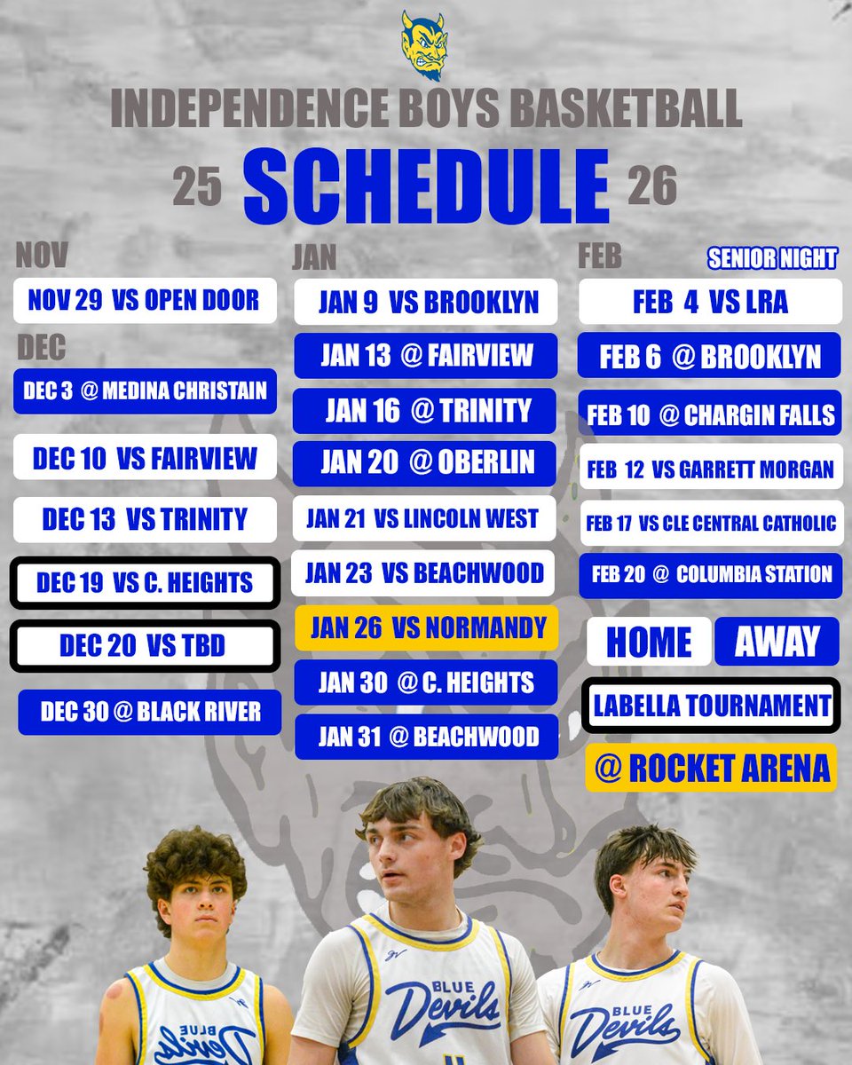 Happy Thanksgiving ! Here is our schedule for the season. Home opener this Saturday at 6:15. <a href="/IndyBlueDevils/">Independence Sports</a> <a href="/IHSboyshoops/">Coach Grendel</a>