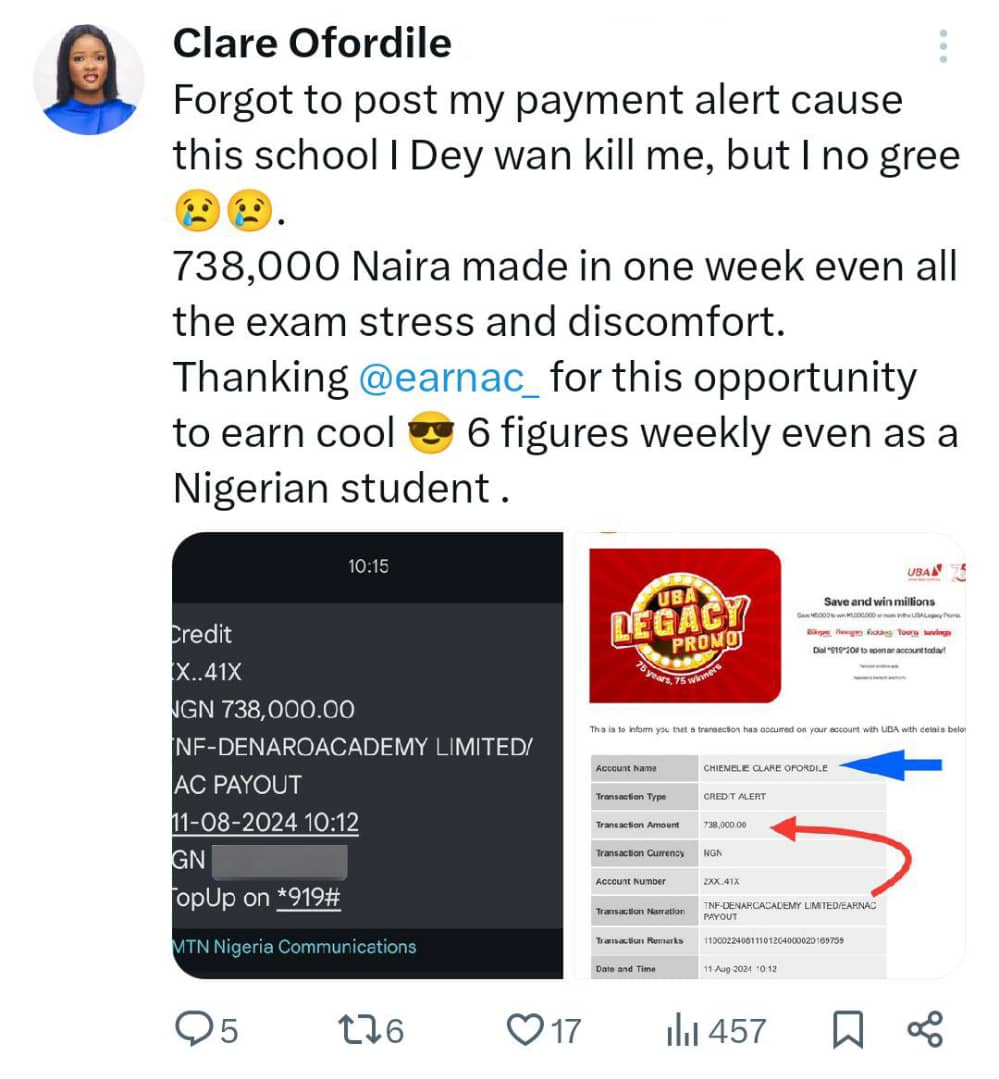 CoachDubem's tweet image. Clare made over 738k in 1 week during exam season — no break, no excuses, just smart use of her smartphone 📱

While others complain, she cashed out what some earn in a year.

You can do it too — if you’re ready, DM me “I’m ready” to get started 
#AffiliateMarketing #SideHustle