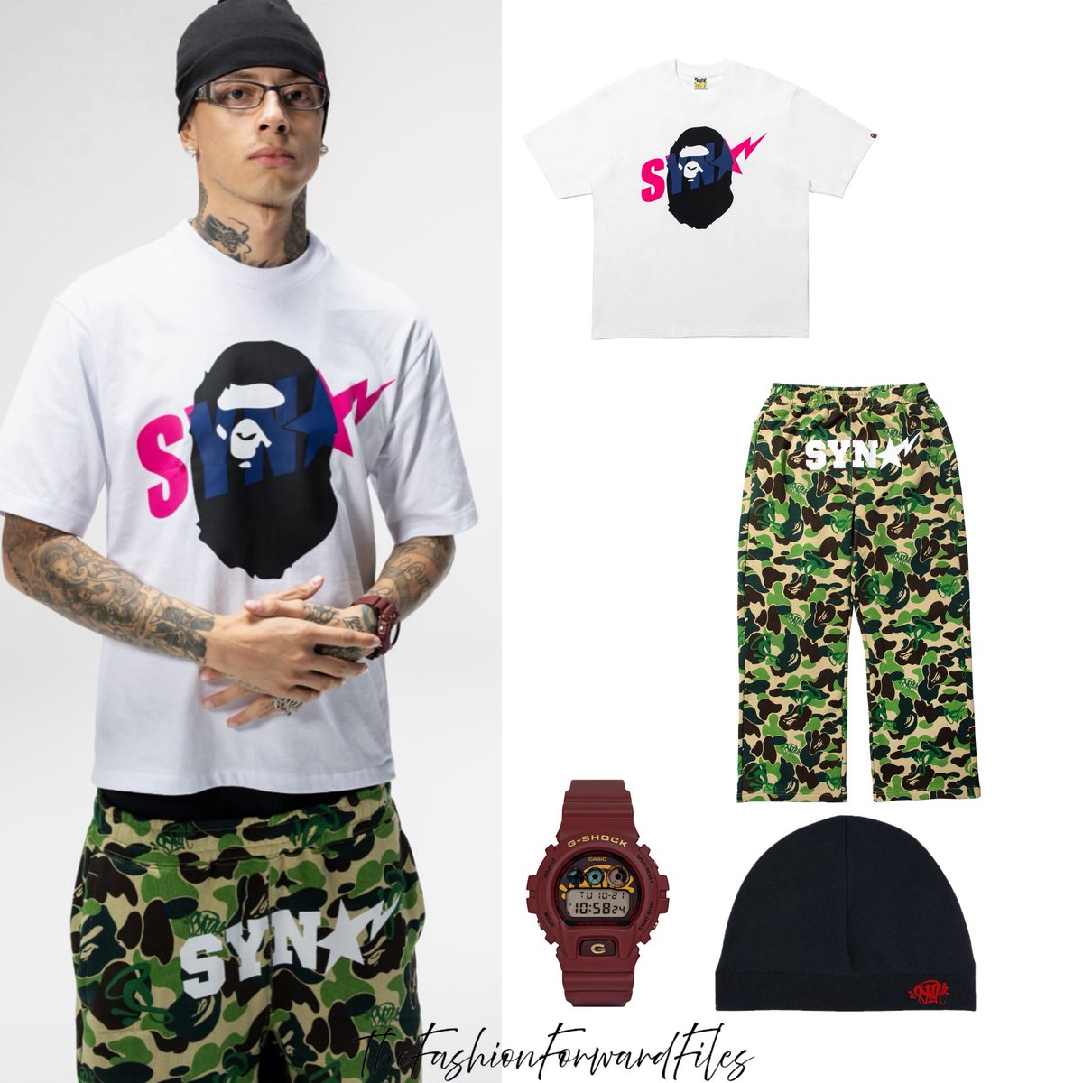 Central Cee wears a black red Syna logo skull hat,Bape x Spotify x 
