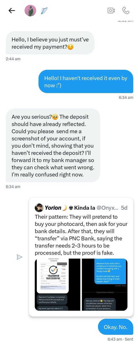 gimggles's tweet image. ‼️ SCAMMER ALERT ‼️

Guys hati2 ya apalagi yang suka jualan pc jumlah banyak, kalau ada yang dm kayak gini gausah digubris dia scammer apalagi sampai minta screenshot data di banking app.

Aku share disini karena aku tau scammernya juga masuk komun ini. Be careful guys!