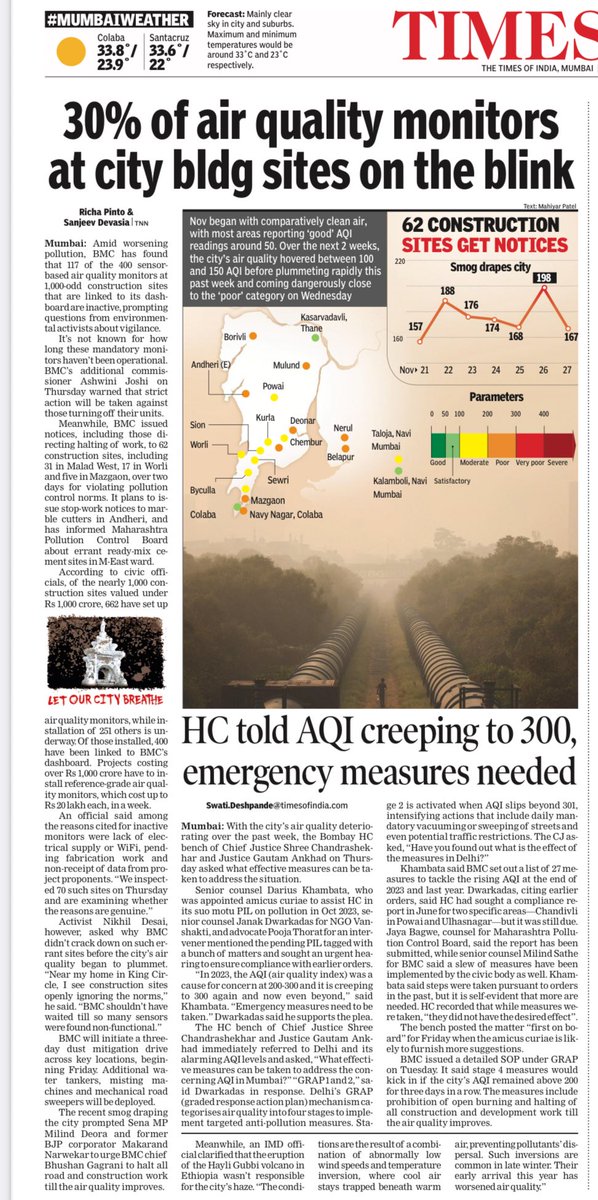Mumbai Air Quality: Amid air pollution concerns in the city, BMC has found that 117 of the 400 sensor-based air quality monitors at 1,000-odd construction sites that are linked to its dashboard are inactive, prompting questions from environmental activists about vigilance.
It’s