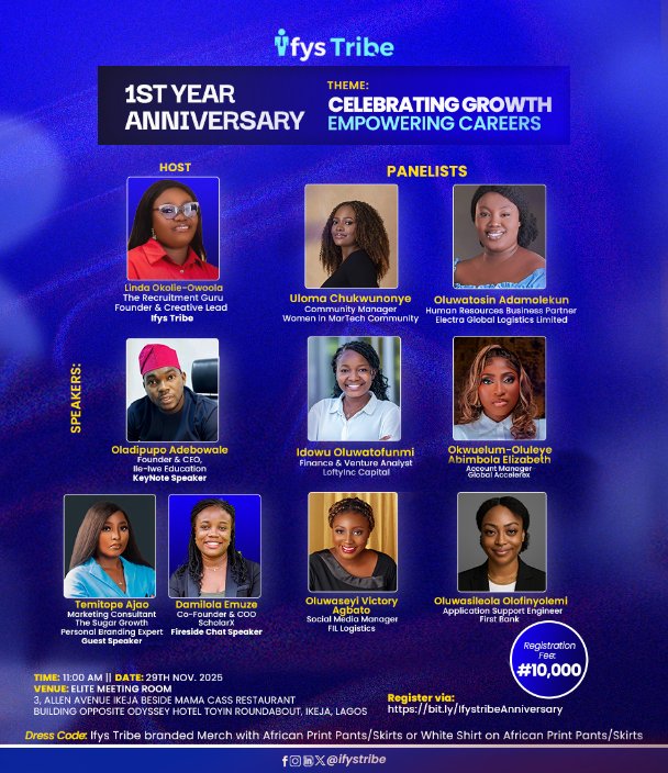 ifystribe's tweet photo. The lineup is 🔥
Our keynote + panelists are ready to pour real insight, real strategy, real clarity.
The Ifyystribe Anniversary Programme is almost here.
Don’t hear about it later, be IN the room.
Register now: https://t.co/UnSUxl7m12
#ifystribe #ifystribeanniversary https://t.co/tMvRFvSe6Z