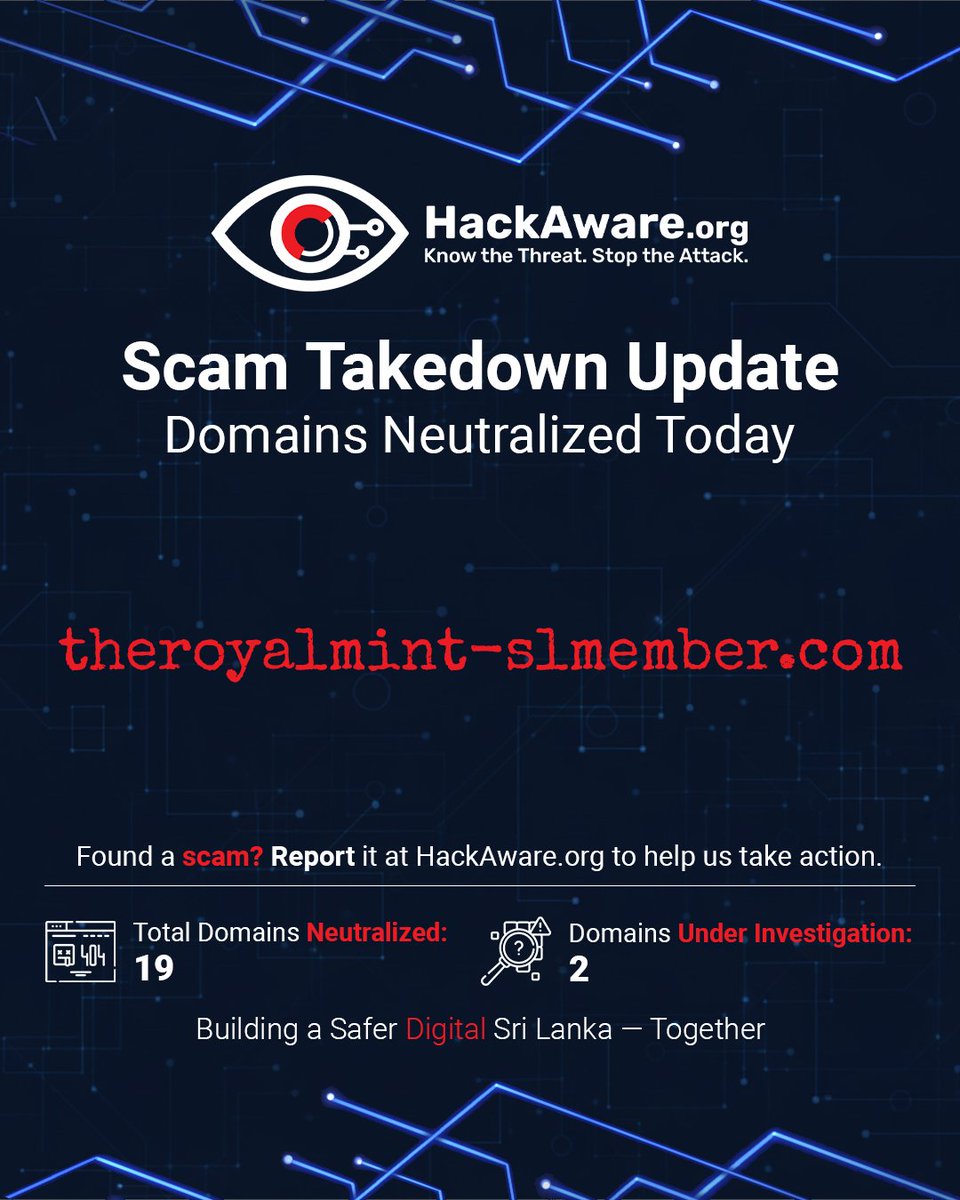 HackAwareOrg's tweet image. Standing guard for our community — one domain at a time.
If you see something suspicious, report it at HackAware.org.
Your report matters. Your safety matters. 

#HackAware #ScamAlert #CyberSafety #OnlineSafety #DigitalSecurity #SriLanka #ScamPrevention #TakeAction