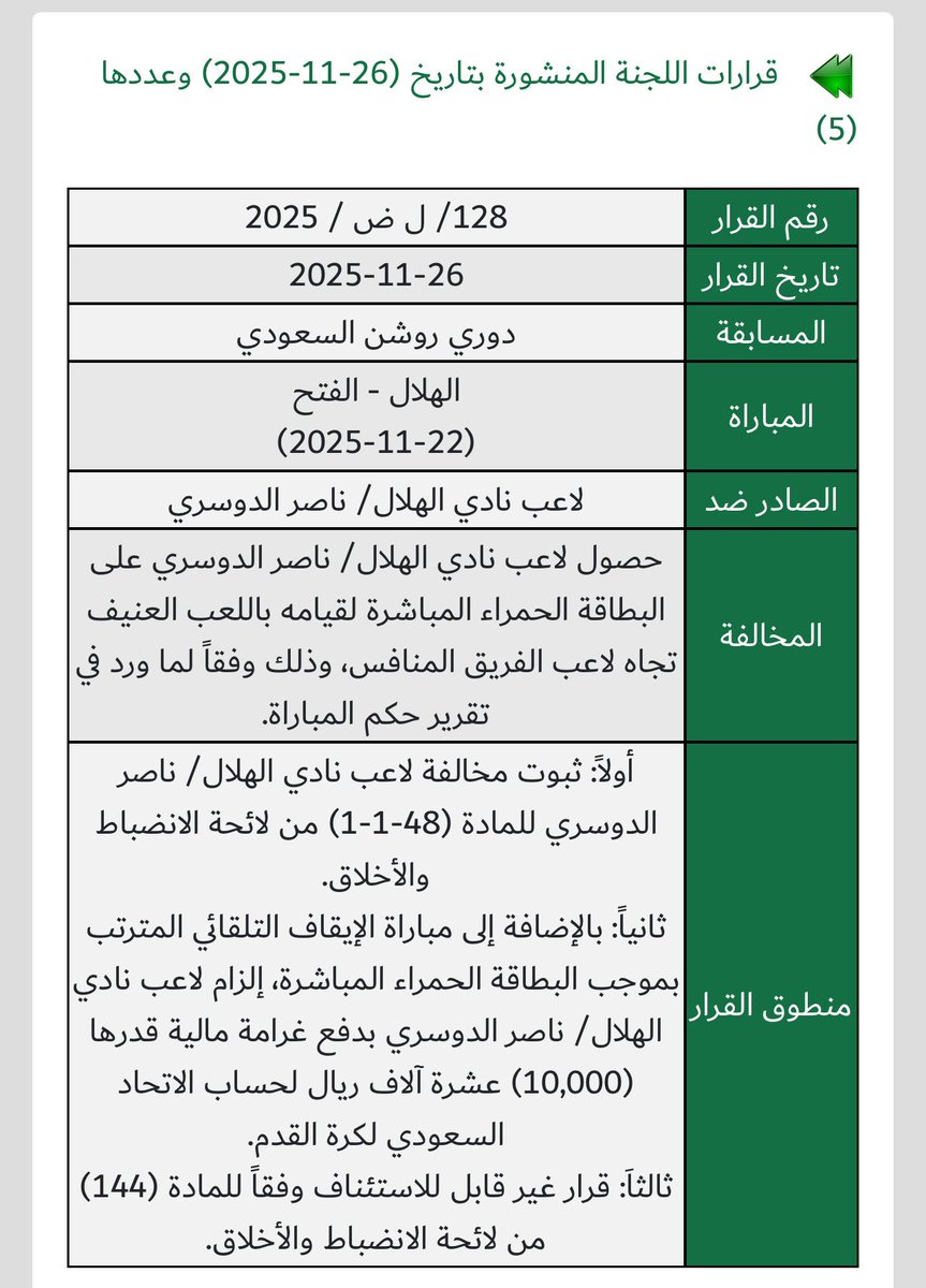 khalafmelfi's tweet image. باختصار يابو فارس، &quot;بناء على تقرير الحكم&quot;، وبينته #لجنة_الانضباط_والاخلاق في بياناتها الأربعة: 
🔸زياد الجهني (الأهلي)، وموسى ديابي (الاتحاد)، مباراتين بسبب (السلوك المشين)!!
🔸ناصر الدوسري (الهلال)، و ديمتريوس (الخليج)، مباراة واحدة بسبب (اللعب العنيف). 
وللإحاطة مباراتي الهلال…