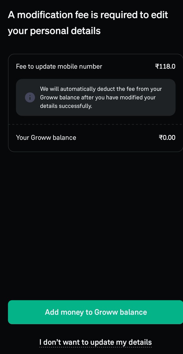 Nalanda_index's tweet image. If you’re using the Groww app for the share market, they’ll deduct ₹118 just for updating your mobile number. Who knows how many people Groww has looted like this? Such a cheap way of making money. @_groww