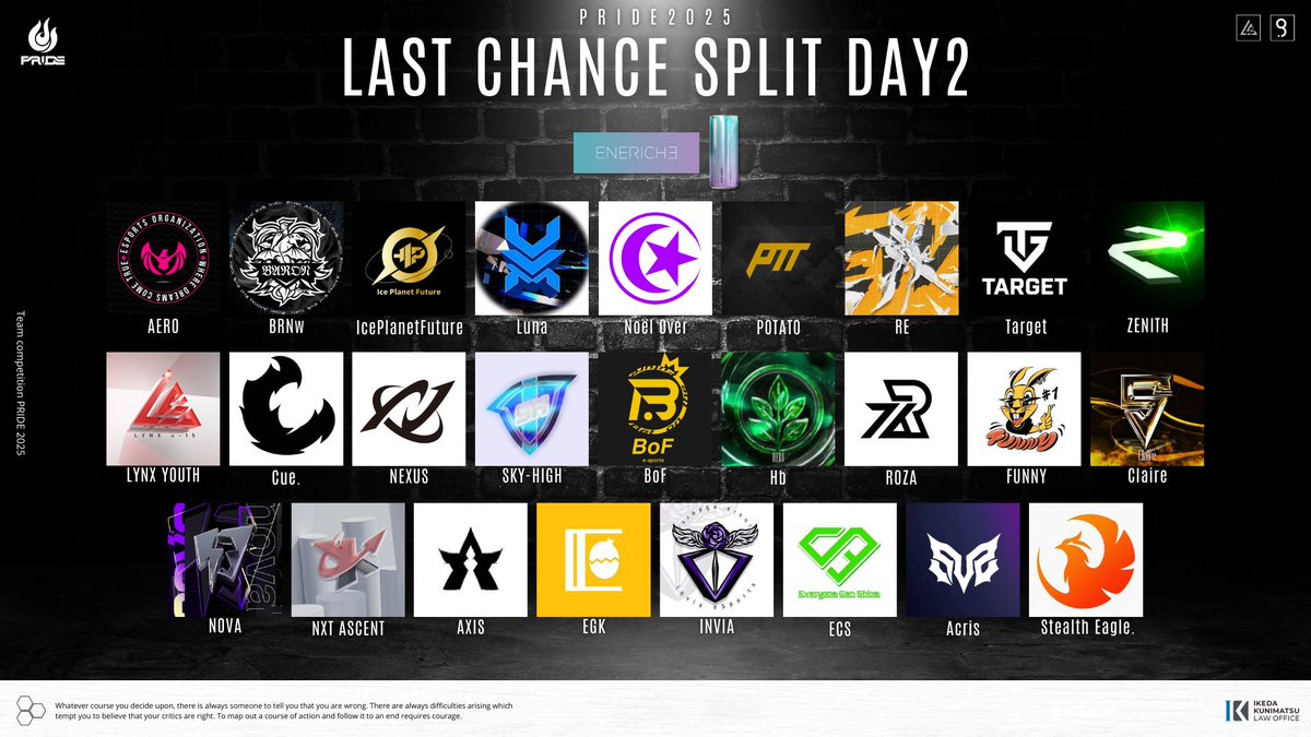 【PRIDE2025 supported by <a href="/ENERICHE_/">ENERICHE｜エネリッシュ</a> 】
LAST CHANCE SPLIT DAY2

CHAMPIONSHIP最後の出場権をかけて戦うチームが出揃いました!!

LAST CHANCE SPLIT Day2-  26TEAM
11/28(金) 19:00～ 4match🔥

出場権を獲得するのはどのチームか...

主催 <a href="/LYNX_e_sports/">LYNX e-sports</a> /<a href="/gents_2022/">gents</a>
 
#PRIDE2025 #エネリッシュ