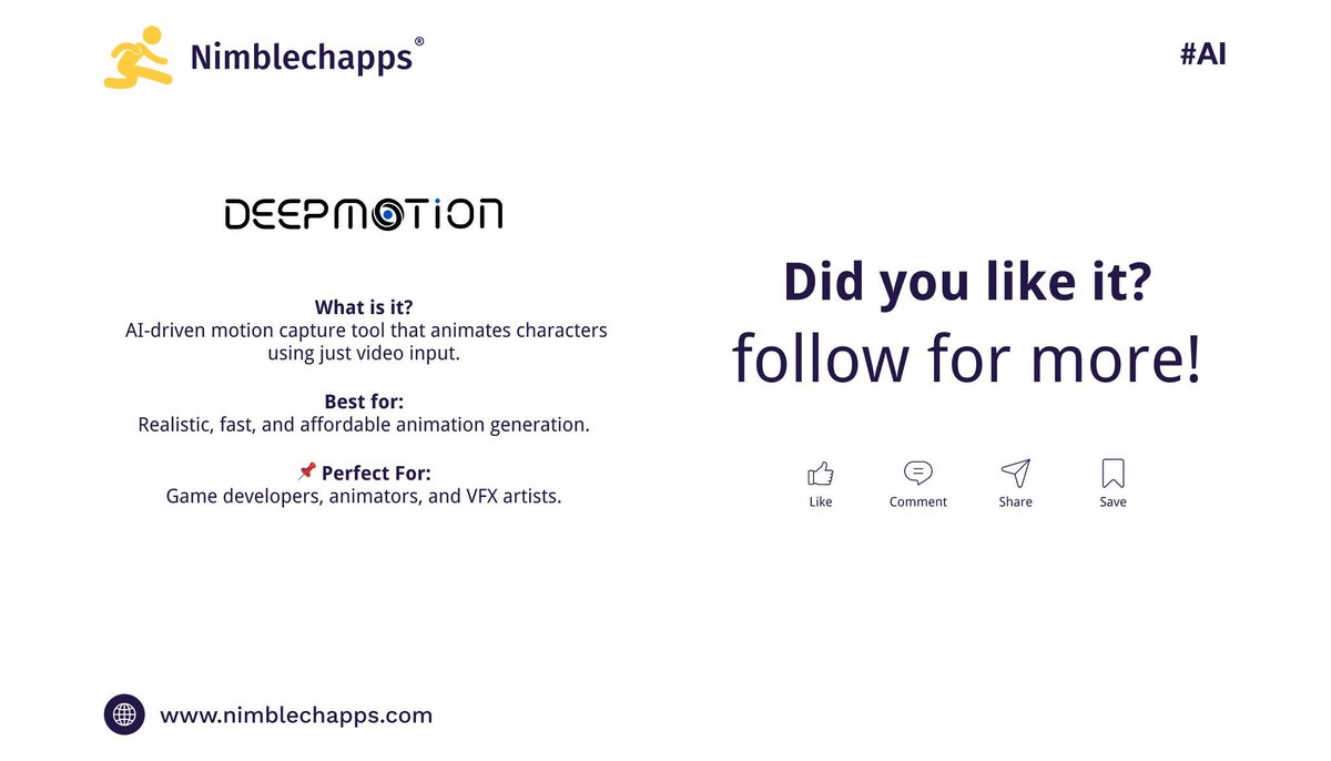 Nimblechapps's tweet image. 🎨 AI is redefining animation &amp;amp; VFX!

🔹 Runway ML – AI motion + scene editing
🔹 Wonder Dynamics – Auto CG character animation
🔹 DeepMotion – Video-based motion capture

Faster effects. Cinematic results. ⚡🤖

#AIAnimation #VFXTools #CreativeTech