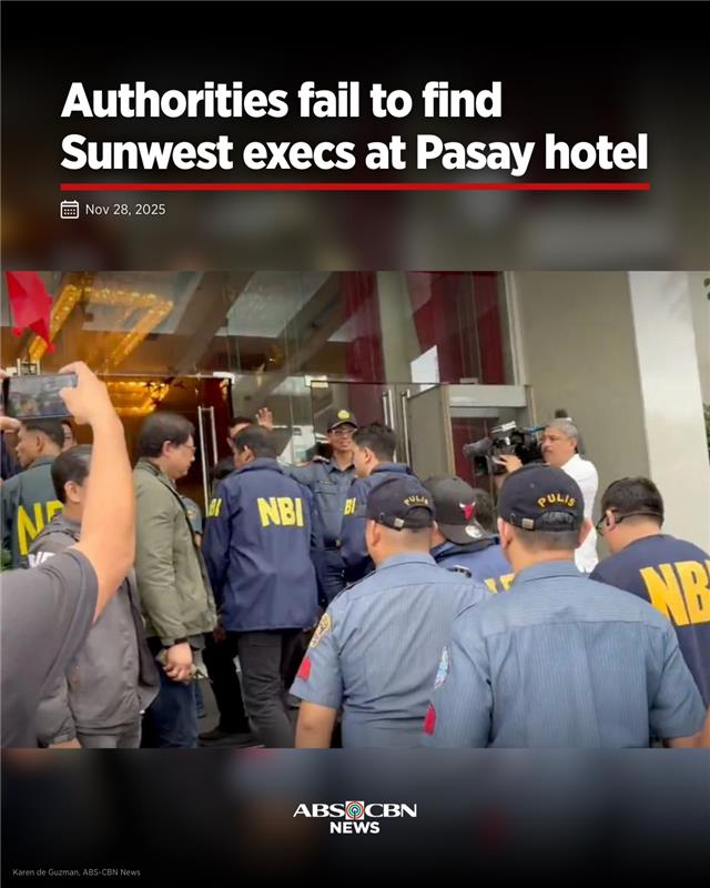 ABSCBNNews's tweet image. Authorities failed to serve arrest warrants on three Sunwest executives believed to be hiding in a Pasay hotel and possibly posing as employees.

READ: abs-cbn.com/news/nation/20…