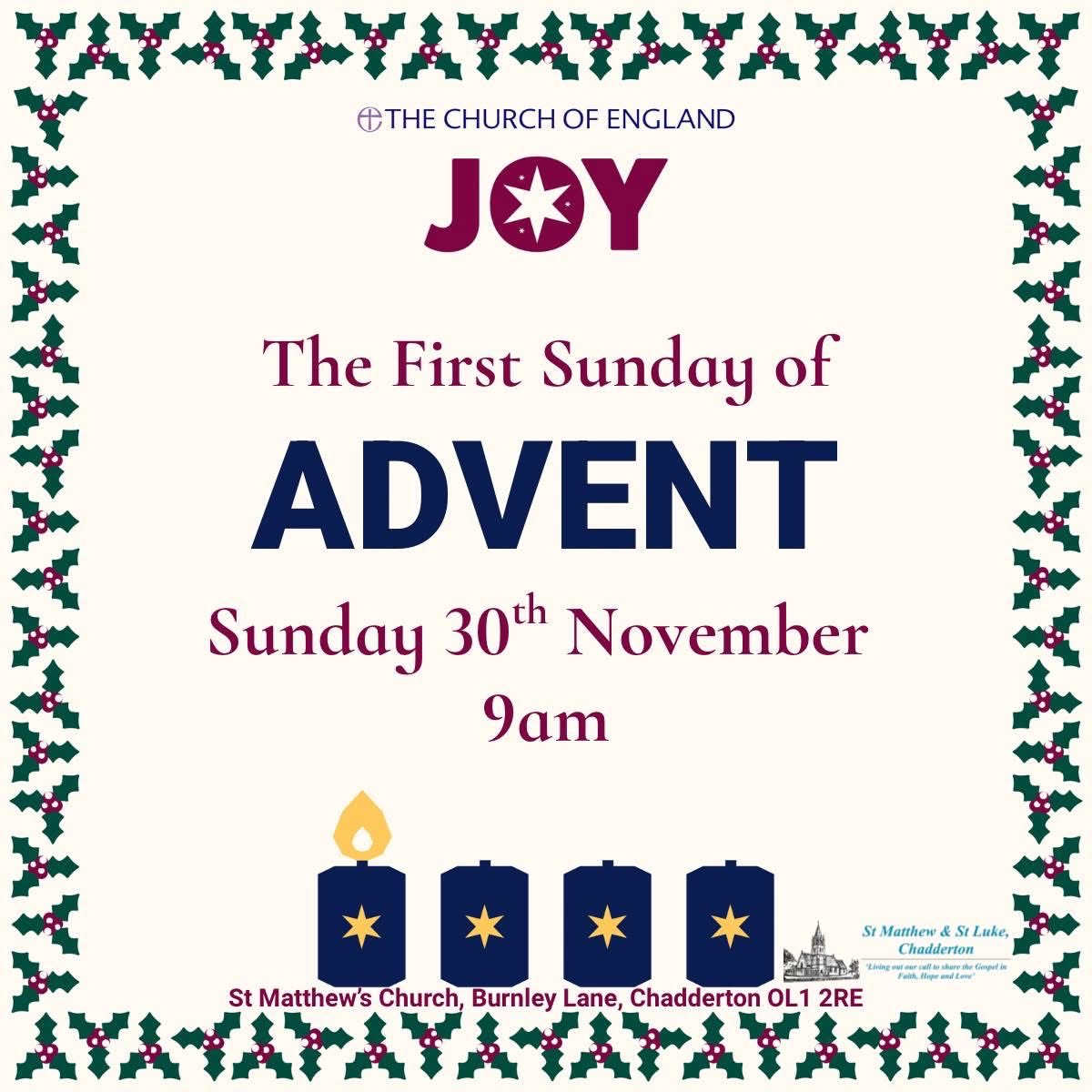 Join us on Sunday as we begin the new Church year and the wonderful season of Advent! 

We will light the first candle on our Advent Wreath, sing beautiful Advent hymns and wait expectantly with hope as we prepare to receive Jesus into our hearts with great joy at Christmas.