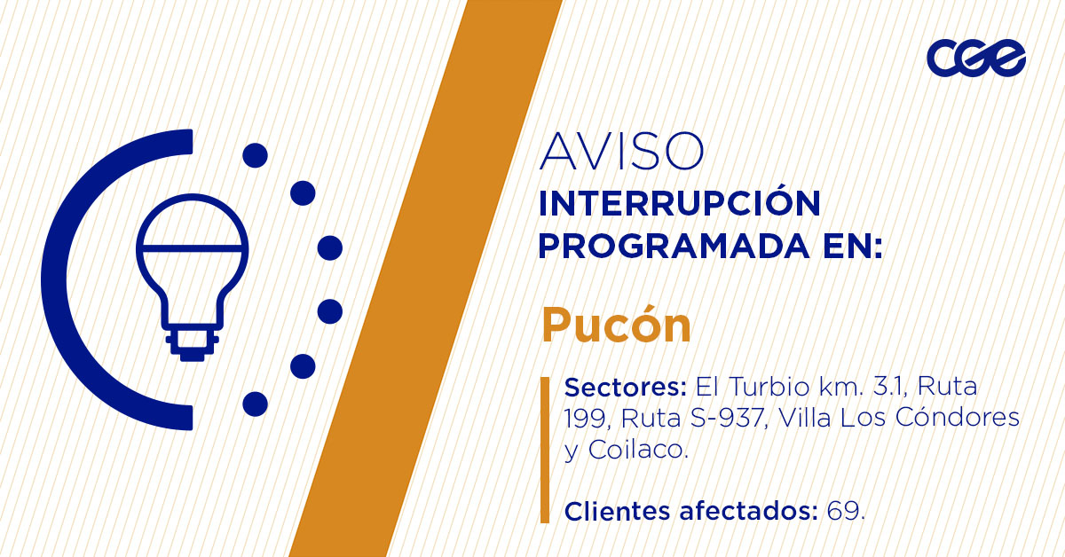 CGE_Clientes's tweet image. Para mejorar la calidad del suministro de nuestros clientes de #Pucón, este viernes, entre 11:00 y 17:00 horas, se realizará una #InterrupciónProgramada (sectores en la imagen 👇) debido a trabajos de mejoras. Esto afectará a 69 clientes. Recuerda desconectar tus artefactos 🔌
