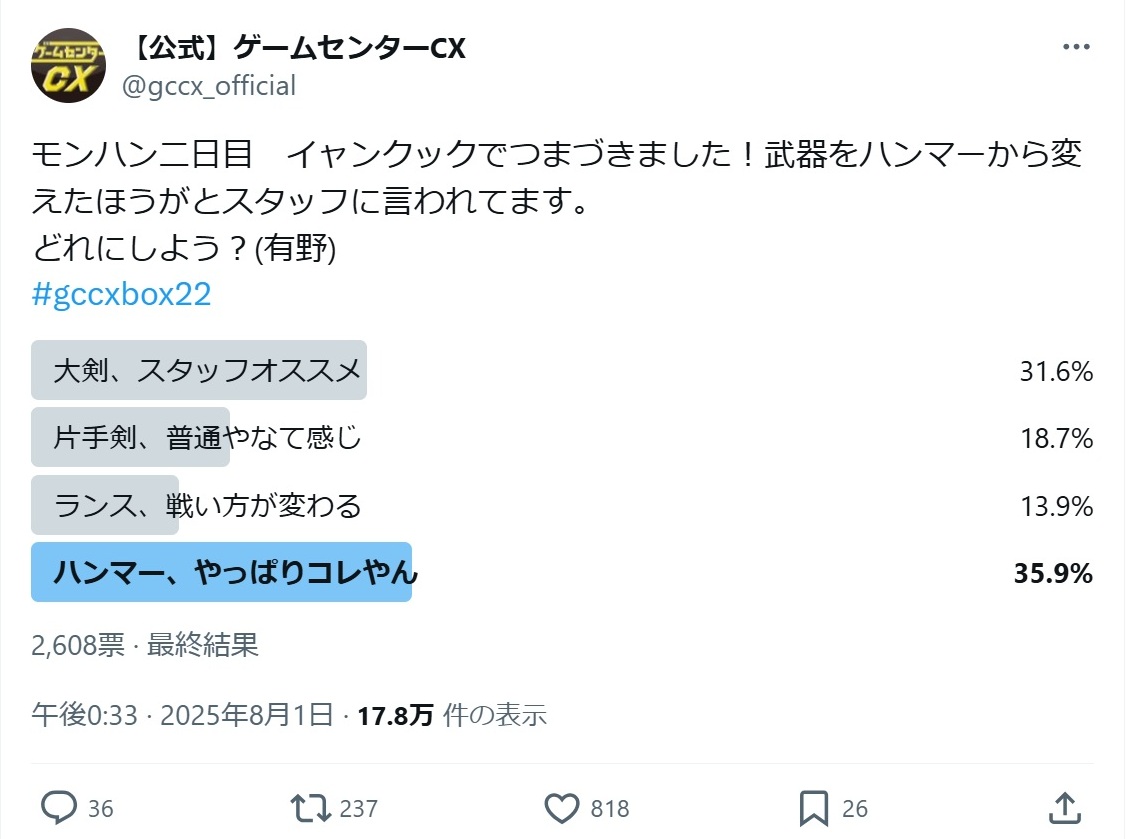 CONTINUE_mag's tweet image. 【#CONTINUE Vol.87】
 「ハンマー、やっぱりコレやん」

#有野課長 がこだわりを見せるハンマーと「ここは片手剣か大剣では……？」というスタッフたち。食い違う意見の中で行われたXアンケートと、衝撃の「#ハンマー課長」爆誕の舞台裏を初公開！
#gccx

▼ご購入はコチラ▼
amazon.co.jp/exec/obidos/AS…