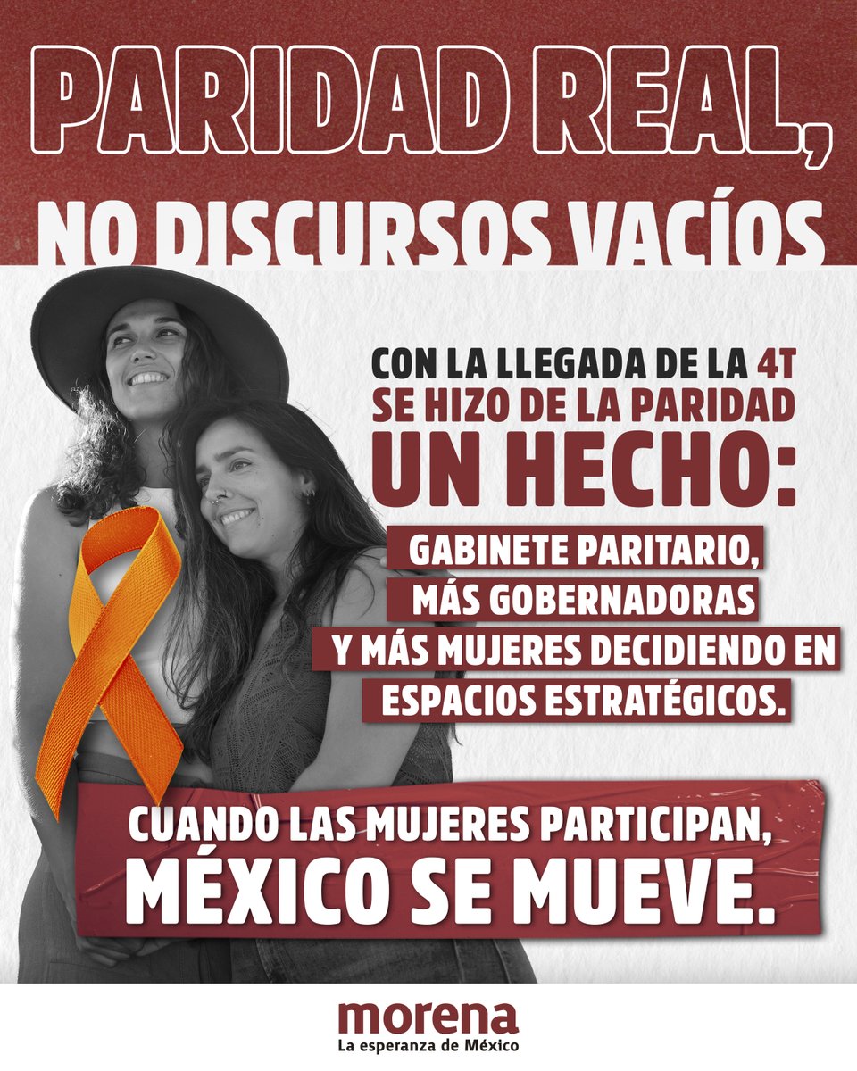 PartidoMorenaMx's tweet image. ¡Con la llegada de la Cuarta Transformación se hizo realidad la paridad de género! 

Hoy en México las mujeres participan activamente en la toma de decisiones en todos los ámbitos de la vida pública.

💪 Gabinete paritario
💪 Más gobernadoras que nunca
💪 Primera PresidentA