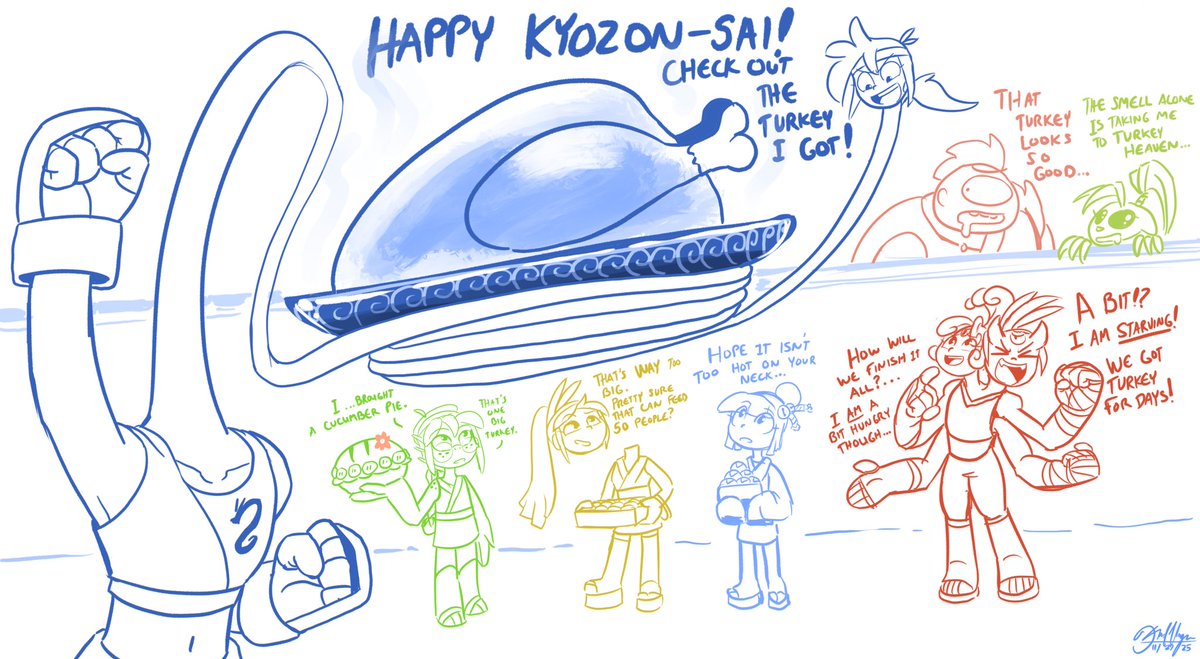 Happy Thanksgiving Everyone! XD
In Ran’s world today they celebrate a legend where two rival Yokai tribes came together and shared food for one big feast representing peace and unity! 
They call it the “Kyozon-Sai” or in English, the 
Festival of Coexistence! ^^