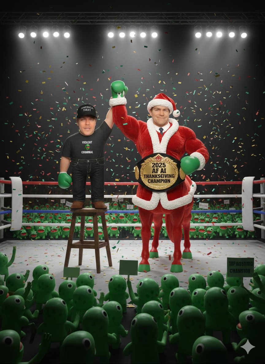 Congratulations to <a href="/Fuentering/">Fuenter</a> for winning the inaugural 2025 AF AI Thanksgiving Art Tournament!

He has decided to donate the $100 prize to the America First Foundation.

Thank you to all of our participants especially the remaining members of the final four - <a href="/FluorideEnjoyer/">Ukulele Gropper🧶</a>