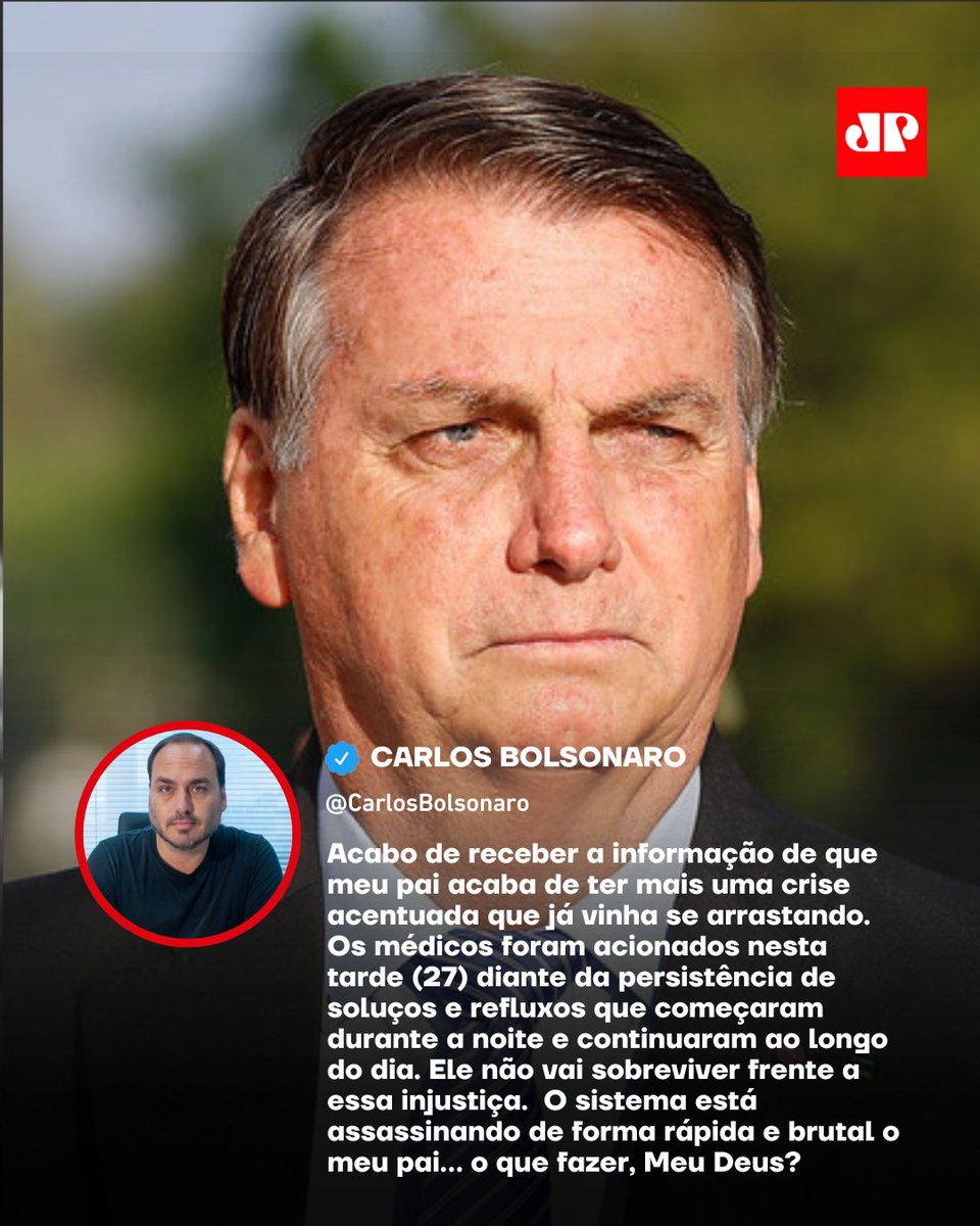 JovemPanNews's tweet photo. O vereador Carlos Bolsonaro (PL) afirmou que o ex-presidente Jair Bolsonaro apresentou uma nova crise “acentuada” de soluços nesta quinta-feira (27). Segundo ele, o quadro teria começado durante a noite e se estendido ao longo do dia, levando ao acionamento de uma equipe médica.

Na mesma publicação, Carlos declarou que Bolsonaro “não vai sobreviver” a essa “injustiça”, em referência à prisão do ex-presidente.
“Acabo de receber a informação de que meu pai teve mais uma crise acentuada que já vinha se arrastando. Os médicos foram acionados nesta tarde diante da persistência de soluços e refluxos que começaram durante a noite e continuaram ao longo do dia. Ele não vai sobreviver frente a essa injustiça. O sistema está assassinando de forma rápida e brutal o meu pai… o que fazer, Meu Deus?”, escreveu o vereador.

Nesta semana, o ministro Alexandre de Moraes, do STF, declarou o fim das ações penais relativas à tentativa de golpe de Estado envolvendo o ex-presidente e outros aliados, determinando o início do cumprimento das penas.

📺 Confira na JP News e Panflix 👉 https://t.co/aGG7BuLUIu

#Brasil #JovemPanNews #CarlosBolsonaro #Bolsonaro #Saúde