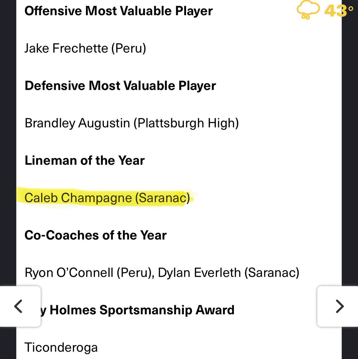 CalebChamp7523's tweet photo. I am honored to be voted as the Lineman of the year for the Champlain Valley Athletic Conference. 
@SCSFBSpartans https://t.co/YWGgjP8xAL