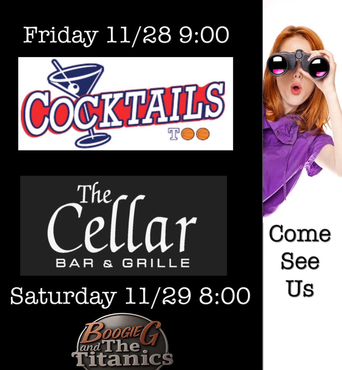 Happy Thanksgiving from Boogie G and the Titanics!  Come out and see us Friday night at Cocktails and Saturday night at The Cellar.  Dance away those holiday calories!