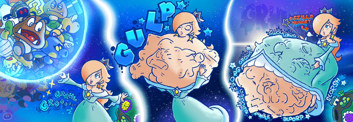 Biddybrother's tweet image. I hope you have a nice thanksgiving! Here's Rosa getting very stuffed (+ an alt) ✨️