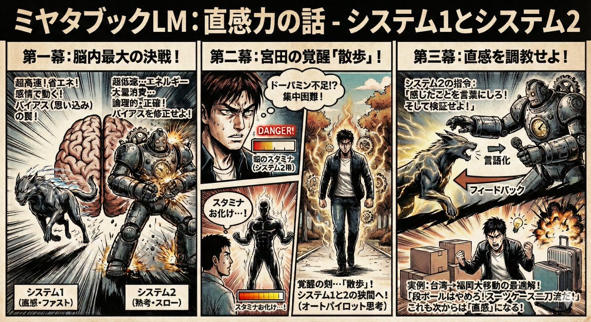 今週のミヤタブックLMは「直感力の高め方」についてです。<a href="/miyata_shoji/">Shoji Miyata</a> が最近コーチから教わった話をしてくれています。直感力はなんぼあってもいいですからね。

コーチ > 宮田さん > 重松のように最近は孫弟子感を感じています。

📻️spotifycreators-web.app.link/e/psQCJ8niEYb
🤖 notebooklm.google.com/notebook/73d8a…