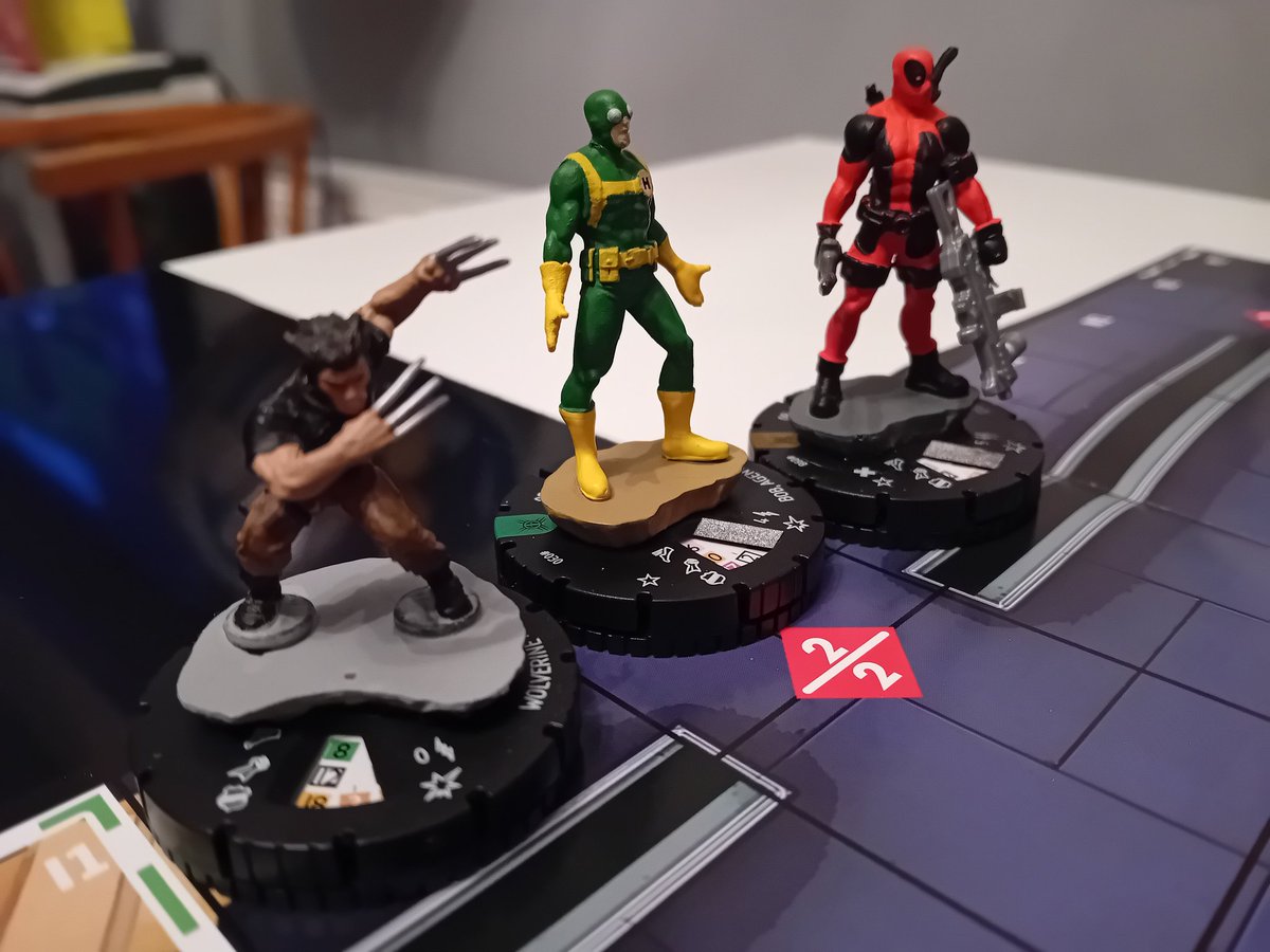 MarkLegend007's tweet image. Game 74 #heroclix Deadpool, Logan &amp;amp; Bob have to go thru a Hydra base to escape.
They bared up well, with DP going John Wick